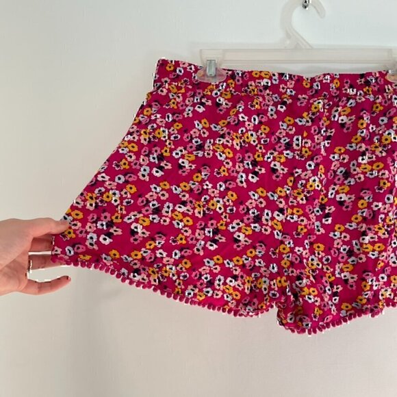 A.N.A Magenta Pink Blue Mustard Floral Pull On Drawstring Pom Pom Trim Shorts L - Picture 11 of 11